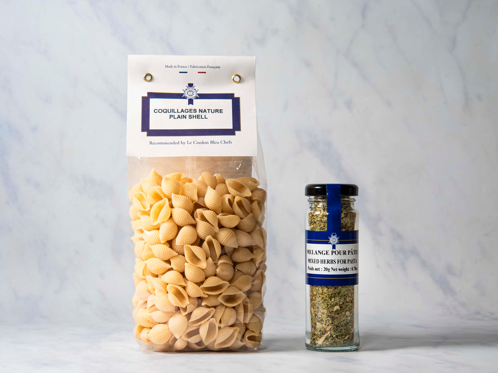 Pâtes aux coquillages nature + herbes mélangées